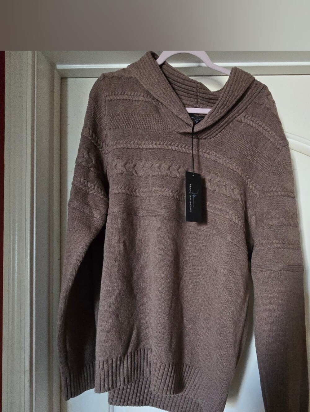 Marc Anthony Taupe Cable Knit Hooded Turtleneck Sweater